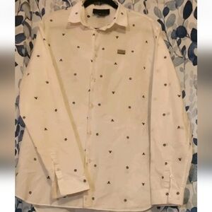 Philipp Plein Mens Black Skull Embroidered Shirt Long Sleeve Button Up White